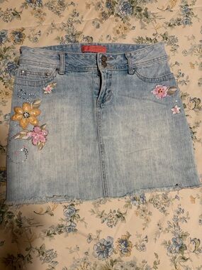 Light Wash Embroidered Denim Mini Skirt - Floral Detail